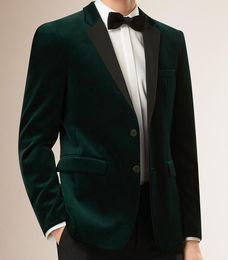 Back Vent Two Buttons Dark Green Velvet Wedding Groom Tuxedos Notch Lapel Groomsmen Men Suits Prom Blazer (Jacket+Pants+Tie) NO:2028