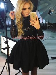 Perfect Long Sleeve Sequins Homecoming Dresses High Neck Satin Cheap Party Club Wear Knee Length Cheap A-Line Juniors Cocktail Prom Dress