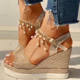 Rhinestone Beads Sandals Women High Heels Leisure Platform Fashion Chains Summer Sandals Women's Wedges Shoes Female