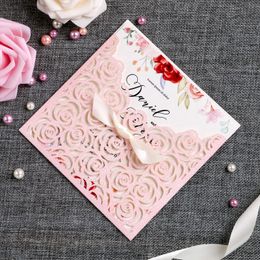 New Laser Cut Hollow Flower Pink Glitter Wedding Invitations Cards Personalized Bridal Shower Engagement Invitation Cheap