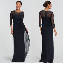 Long Sleeve Muslim Evening Dresses Beaded Jewel Neck Chiffon Black Robe De Soiree Plus Size Formal Dress