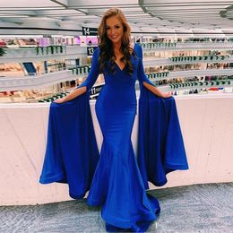 Dubai Arabic Royal Blue Mermaid Evening Dresses Long Sleeves V Neck Formal Dress Party Gown Floor Length Evening Party Gowns Robe