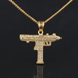 Fashion Gold Color Gun Pendant Necklace Men Alloy Full Rhinestone Bling Submachine Gun 24inch Long Cuban Link Chain Wedding Jewelry