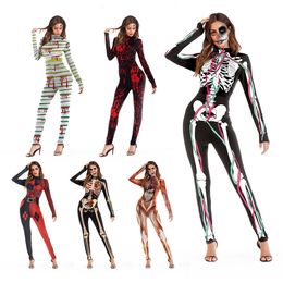 Women Vintage Skeleton Rose Print Scary Costume Black Skinny Jumpsuit Bodysuit Halloween Cosplay Suit Stretchy Outfit Femme