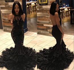 Black Color Prom Dresses South African Black Girls Halter Neck Applique Holidays Graduation Wear Evening Party Gowns Plus Size