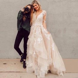 Blush sheer Long Sleeves Tiered Lace Tulle Wedding Dresses deep v neck applique Bridal Gowns Celebrity vestido De Noiva robe de mariee