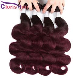Body Wave Burgundy Bundles Brazilian Virgin Ombre Human Hair Weave 12-26 Inch Cheap Dark Roots 1B 99J Wavy Coloured Extensions 3pcs Deals