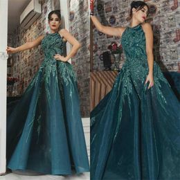 Dark Green A-line Evening Dresses Luxury Jewel Sleeveless Prom Dress Appliqued Sequins Ruched Tulle Floor-length Cheap Formal Party Gown
