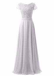 Long Jewel Short Sleeves Bridesmaid Dresses A-line Wedding Guest Dress Custom Made Floor-length Vestido Maid Of Honour Dress Lace and Chiffon