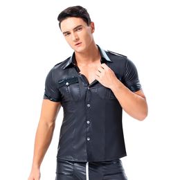Mens T-shirts PU Leather Short Sleeve T Shirt Sexy Black Faux Leather Shirt Wet Look Undershirt Sissy Party Clubwear Gay Costume Shirts