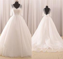 Pearls Beading Wedding Dresses Ball Gowns With Sleeves V-neck V Open Back Organza Train Bridal Dress Country Wedding Gowns 2019