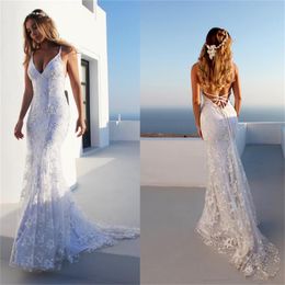 Romantic White Mermaid Wedding Dresses Spaghetti Straps Lace Appliques Beaded Wedding Dress with Sweep Train Backless Bridal Gowns
