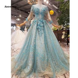 Gorgeous 3D Flower Prom Dresses Full Sleeves Sparkle Sequined Lace Luxury Beaded Prom Gowns Appliques Formal Dress