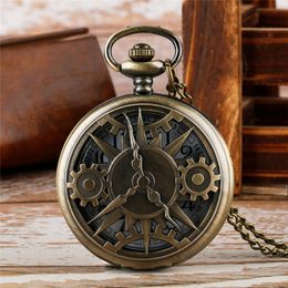 Bronze Hollow Gearwheel Design Quartz Pocket Watch Unisex Fashion Arabic Numerals Men Watches Necklace Pendant Chain Clock Gifts