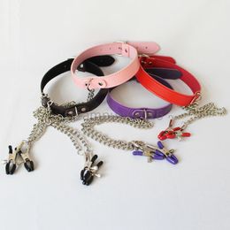 Bondage Faux Leather Chain Restraints Neck Collar with Clips Clamps Slave 4 Colours Slave #R45