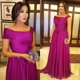 Fuchsia Ruched Chiffon Mother of The Bride Groom Dresses Off Shoulder Long Wedding Party Gowns Evening Dress vestidos de fiesta A Line