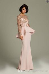 Promotion 2019 Pink Lace Long Sleeve Evening Dresses Sheer Gold Applique Prom Gown Peplum Full Length Chiffon Formal Dress 133