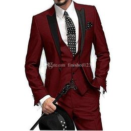 Popular One Button Wine Wedding Groom Tuxedos Peak Lapel Groomsmen Men Formal Prom Suits (Jacket+Pants+Vest+Tie) W205