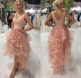 Front Short Long Back A Line Sweetheart High Low Homecoming Party Dresses Light Pink Tiered Tulle Lace Top Sexy Prom Cocktail Dresses