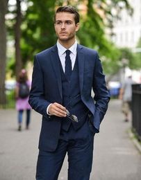New High Quality Two Buttons Navy Blue Groom Tuxedos Notch Lapel Groomsmen Best Man Suits Mens Wedding Suits (Jacket+Pants+Vest+Tie) 900