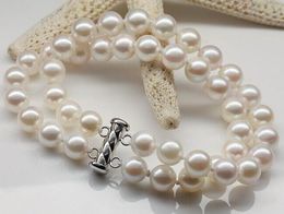 Charming double strands 9-10mm south sea white round pearl bracelet 7.5-8 inch 925 silver clasp