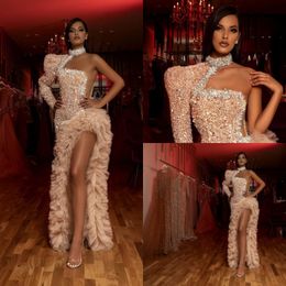 Charming One Shoulder Prom Dresses Bling Bling Beaded High Neck Long Sleeves Evening Gowns Sexy High Slit Ruffles Tulle Sequined Party Gowns
