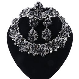 NEW Black Crystal Choker Necklace Set Bridal Indian Jewellery Sets Bride Silver Jewellery Wedding Prom Accessories Women