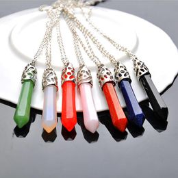 Pendulum Hexagonal Pointed Reiki Natural Stones Pink Quartz Pillar Charms Pendant Necklace for Women Men Gift Accessories