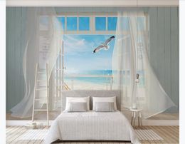 Customised 3d mural wallpaper photo wall paper 3D stereo window outside the seagull beach seascape bedroom sofa background mural wallpaper