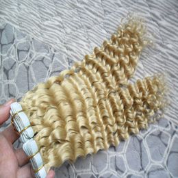#613 Bleach Blonde Virgin Peruvian Hair 200g Deep Wave Tape In Human Hair Extensions Cheap 80 PCS PU Skin Weft Curly Tape Hair Extensions