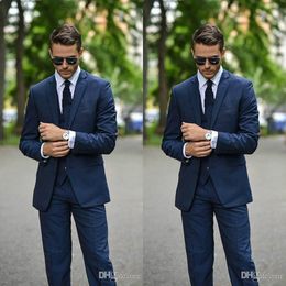 2019 Fashion Wedding Tuxedos 3 Pieces New Design Cool Dark Blue Groom Wear Groomsmen Suits Wedding Best Man Suits (Jacket+Pants+Vest)