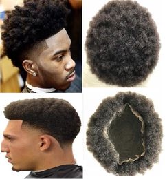 Afro Kinky Curl Male Unit 10A Indian Virgin Human Hair Replacement Men Hairpieces Full Lace Toupee Brown Black Colour #1b for Men