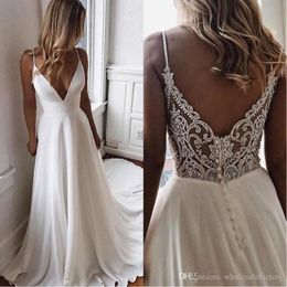 Deep V Neck A Line Bohemian Beach Wedding Dresses Chiffon Spaghetti Straps Lace Applique Beaded Sweep Train Wedding Dress Bridal Gowns