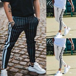 fashion men casual stripe long trousers slim fit tracksuit sport gym skinny stripe jogging joggers sweat pants trousers
