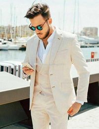 Linen for summer Beige Groom Tuxedos Notch Lapel Men Party Prom Business Suits Dinner Blazer Coat Sets (Jacket+Pants+Vest+Tie) K213