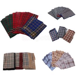 12pcs Men's Ties Vintage Plaid Square Hankerchief Cotton Hanky Wedding Party Handkerchiefs