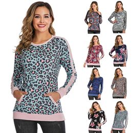 Women Long Sleeve Shirts Leopard patchwork Casual Tops with pocket T-Shirt Sexy Tees O-neck Blouses Blusas Apparel Tee LJJA3279