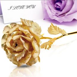 Wholesale- 24CM Handcrafted Handmade 24k Gold Foil Rose Flower Dipped Long Stem Lovers wedding Gift Random Colour