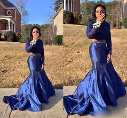 2020 Sexy Two Piece Mermaid Prom Dresses with Long Sleeves Black Girls Dress Evening Wear Beading Royal Blue