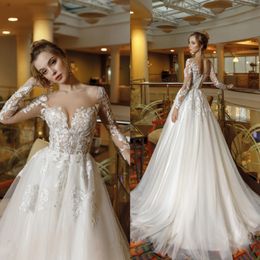 Charming Beaded Lace Wedding Dresses Sheer Bateau Neck Long Sleeves Bridal Gowns A Line Sweep Train Tulle Appliqued robe de mariée