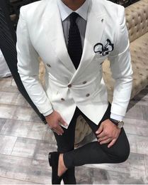 Double Breasted Wedding Mens Suits Custom Slim Fit Groom Tuxedos Shawl Lapel Two Piece Jacket Pants Male Blazer (Jacket+Pants+Bow)