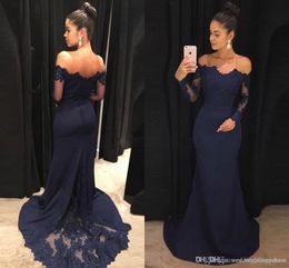 New Sexy Navy Blue Mermaid Prom Dresses Long Sleeves Lace Off Shoulder Satin Evening Dresses Evening Wear Formal Party Gowns Vestidos