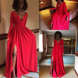 Elegant African Nigerian Red A Line Prom Dresses V Neck Long Sleeves Formal Evening Party Gowns With High Side Split Vestidos Abendkleider