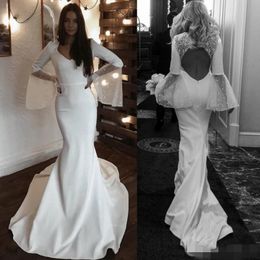 Long Dresses Mermaid Poet Sleeves V Neck Sexy Hollow Back Sweep Train Beaded Lace Applique Wedding Gown Robe De Mariee