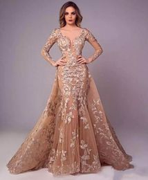 Gorgeous Embroidery Lace Formal Evening Dresses with Detachable Skirt Mermaid Long Sleeve Prom Party Dress Arabic Dubai Occasion Party Gowns