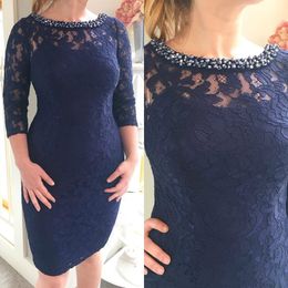 Dark Navy Lace Mother of the Bride Dresses Plus Size Knee Length 3/4 Long Sleeve Beaded Godmother Dress Wedding Guests Gowns