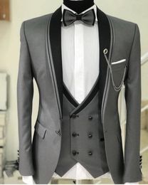 Latest Design One Button Grey Groom Tuxedos Shawl Lapel Men Wedding Party Groomsmen 3 pieces Suits (Jacket+Pants+Vest+Tie) K42