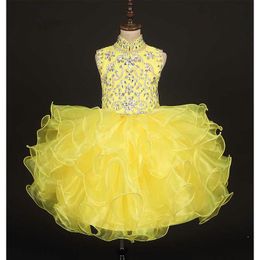 Yellow Color Flower Girl Dress for Wedding Party Halter Beaded Organza Lace-up Back First Communion Dresses for Girls
