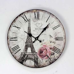 Paris Eiffel Tower Digital Wall Clock fashion England Circular Wood Clocks coffee shop restaurant Bar Decor