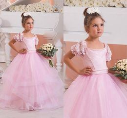 Ball Gown Sweety Pink Girls Party Dress Short Skeeve Lace Tulle Lovely Girls Pageant Dresses Flower Girl Dress Custom Size